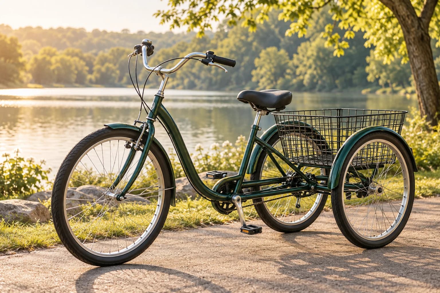 A dark green adult tricycle with a rear wire basket parked on a lakeside path.