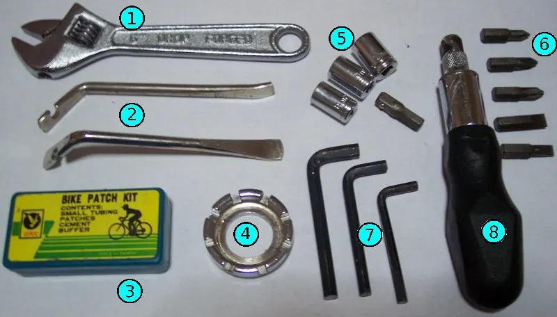 Bicycle tools laid out for adjustment