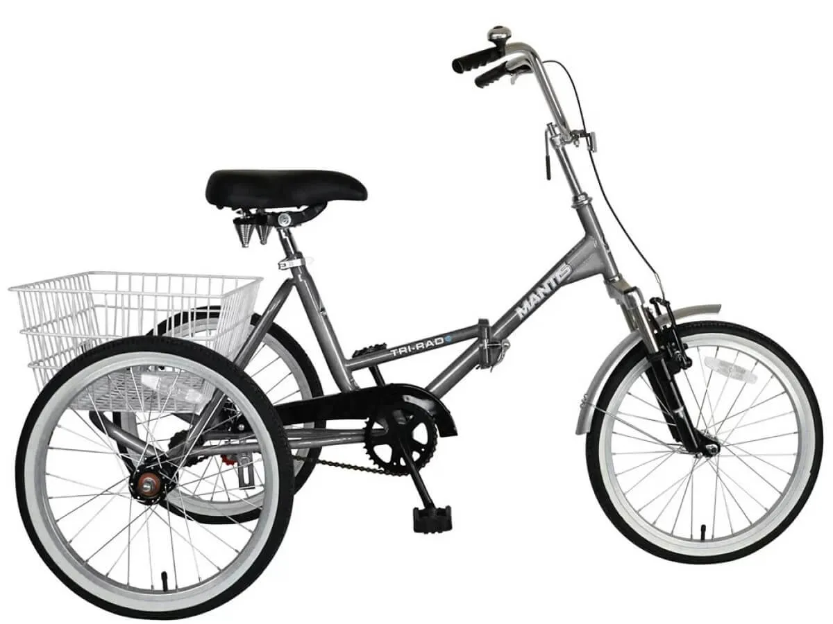 Mantis Tri-Rad folding adult tricycle in silver with rear basket