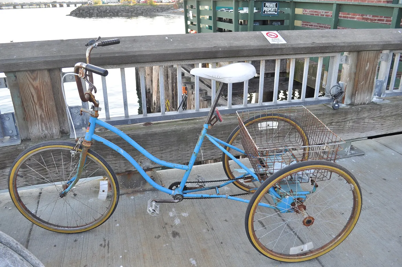 A non-electric upright tricycle with a rear basket.