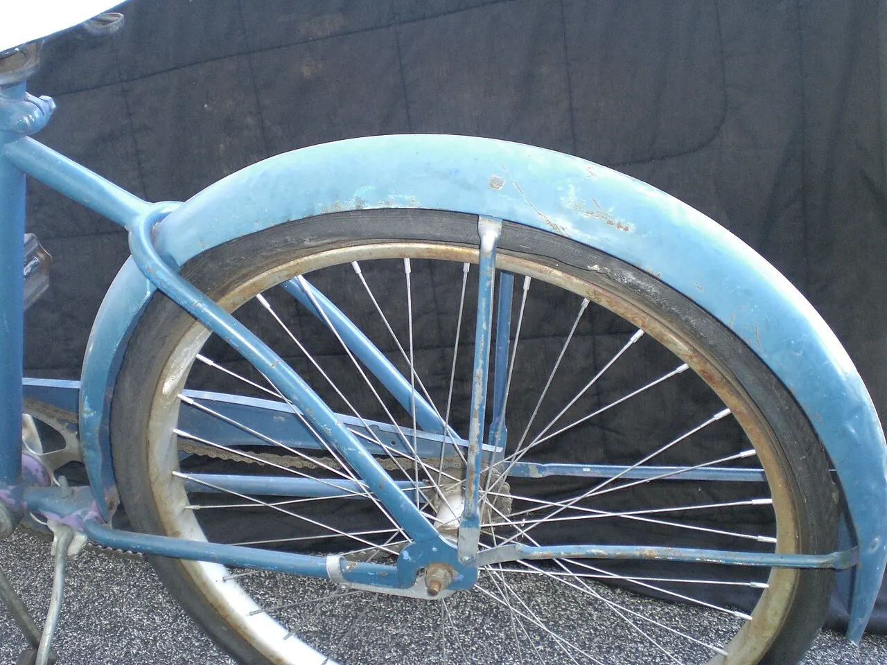 Blue bicycle rear fender with stays above a wheel