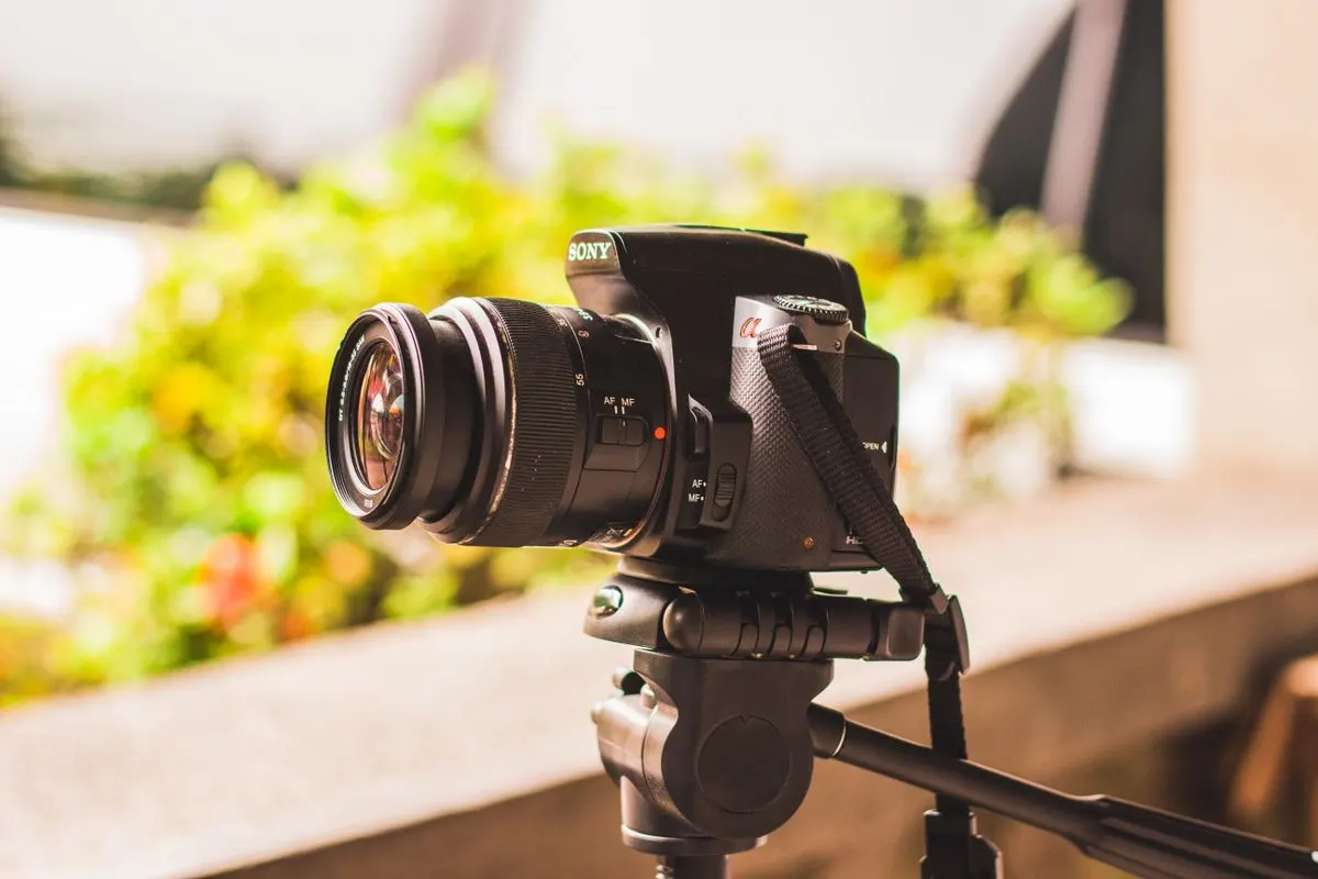 Close-up of a modern camera mounted on a tripod in an outdoor setting with natural light.