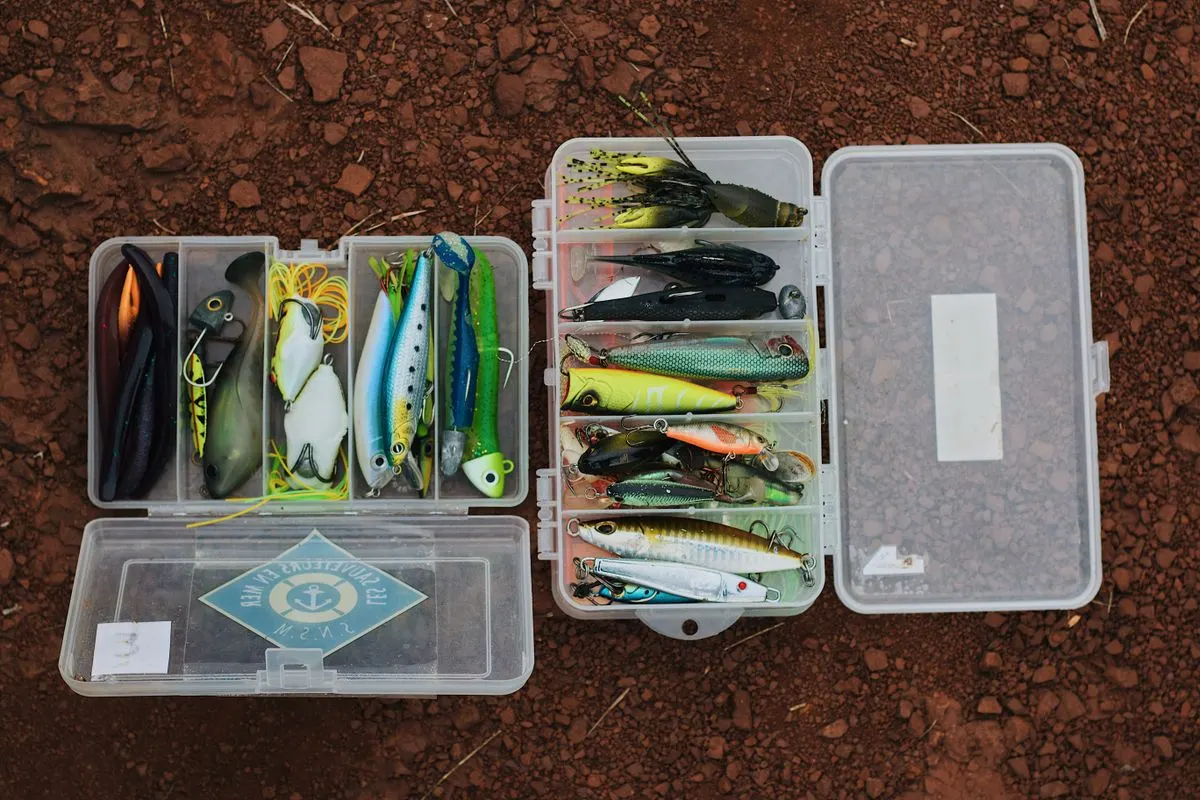 Open tackle containers with fishing lures