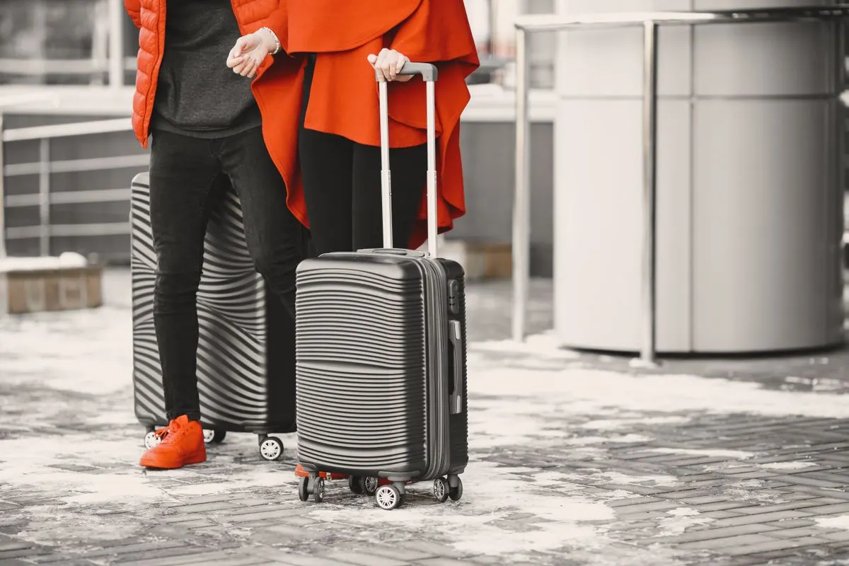 A fashionable couple in winter attire with sleek luggage, standing outdoors on a snowy day.